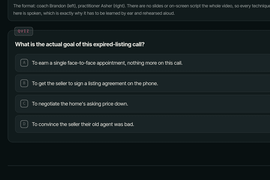 Close-up of an Essence lesson quiz, a short question checking understanding of the section just covered.